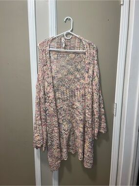 Bethany Mota Open-Front Speckled Knit Cardigan - Cream with Pink & Yellow